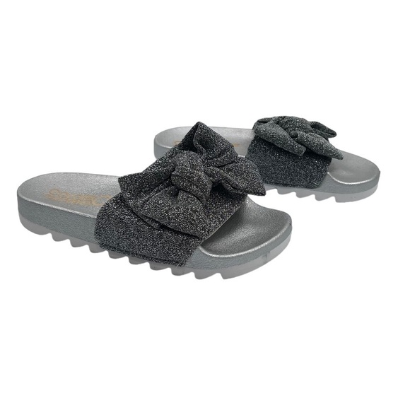 Colors Of California Black Sparkle Maxi Bow Slide Sandals Size 5 Big Girl’s - Picture 1 of 9